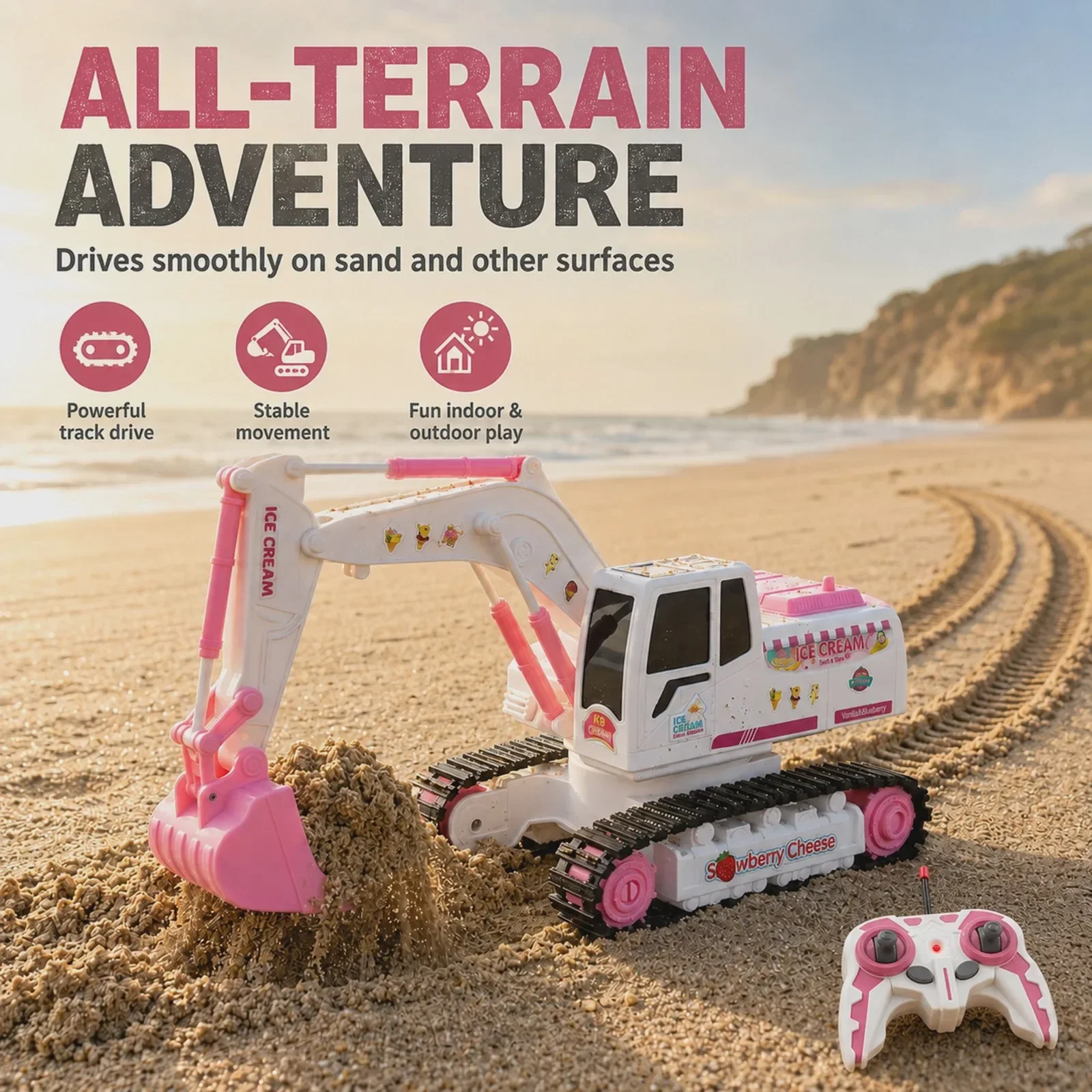 Pink Ice Cream RC Excavator 1:24 Scale, 360° Rotating Alloy Bucket Digger with LED & Sound, DIY Sticker Kids Gift