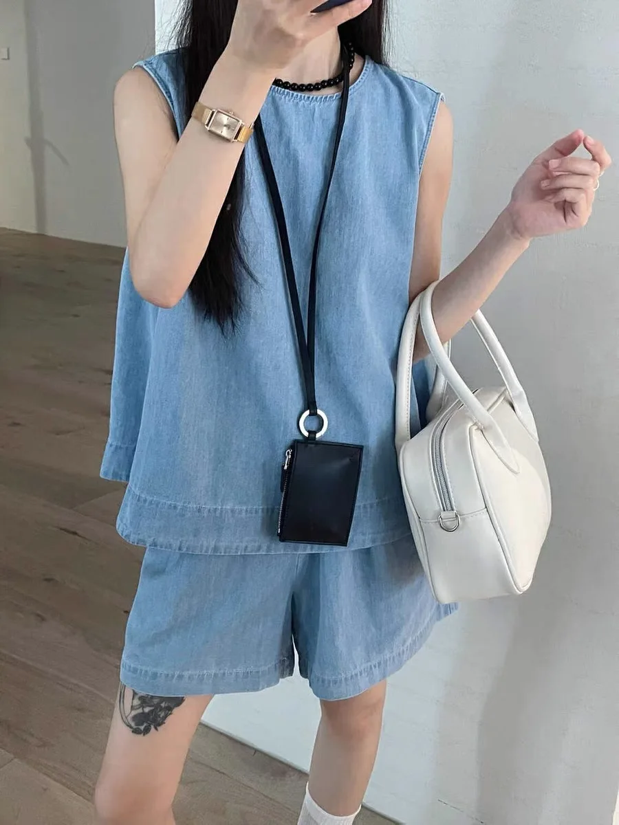 

Women's Sleeveless Denim Vest Loose Hollow out Button Waist Cinching High Waist Short Pants Fashion Set Cotton Material