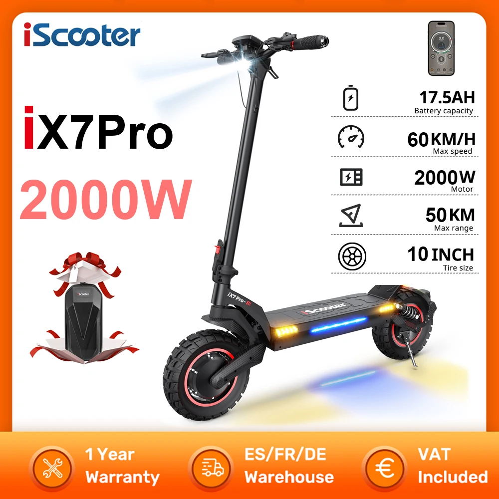 iScooter iX7Pro Electric Scooter 2000W 48V 17.5Ah 10Inch EScooter 60KM/H Speed 50 MILES Range Foldable Electric Kick Scooter APP