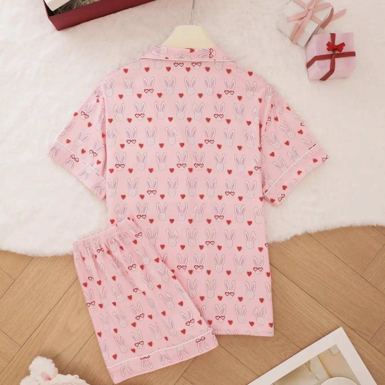Girl Heart Pink Rabbit Love Sleepwear Summer Short Sleeved Shorts Two Piece Comfortable Casual Home Clothes view 2