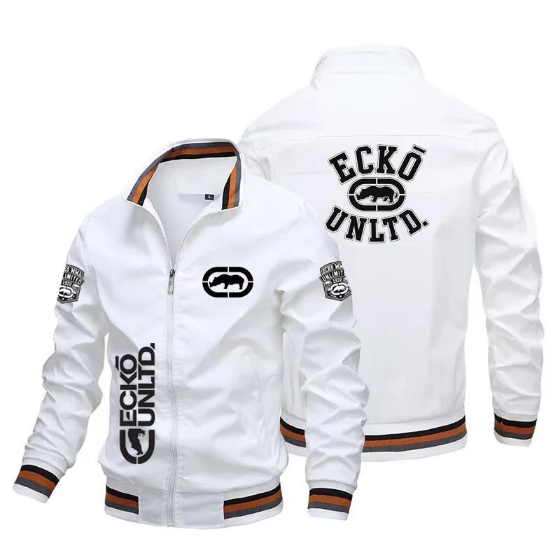 Men Striped Rib Stand Collar Bomber Jacket Ecko Unltd Rhino Multi Print Zipper Coat Y2K Hip Hop Streetwear Male Casual Windbreak