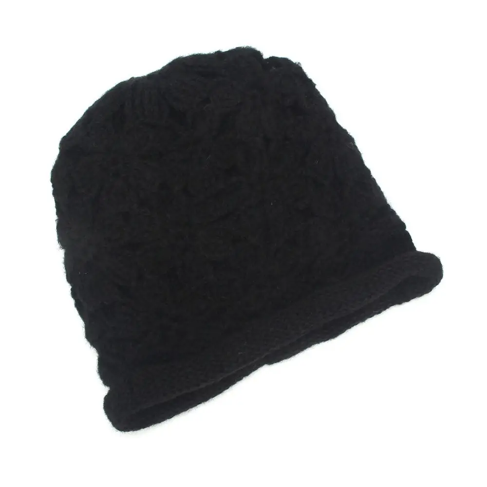 Hollow Handmade Crochet Hat Thick Knit 3D Flower Knitted Beanie Hat Cold Weather Wear Double-Layer Rolled Edge Cap For Women
