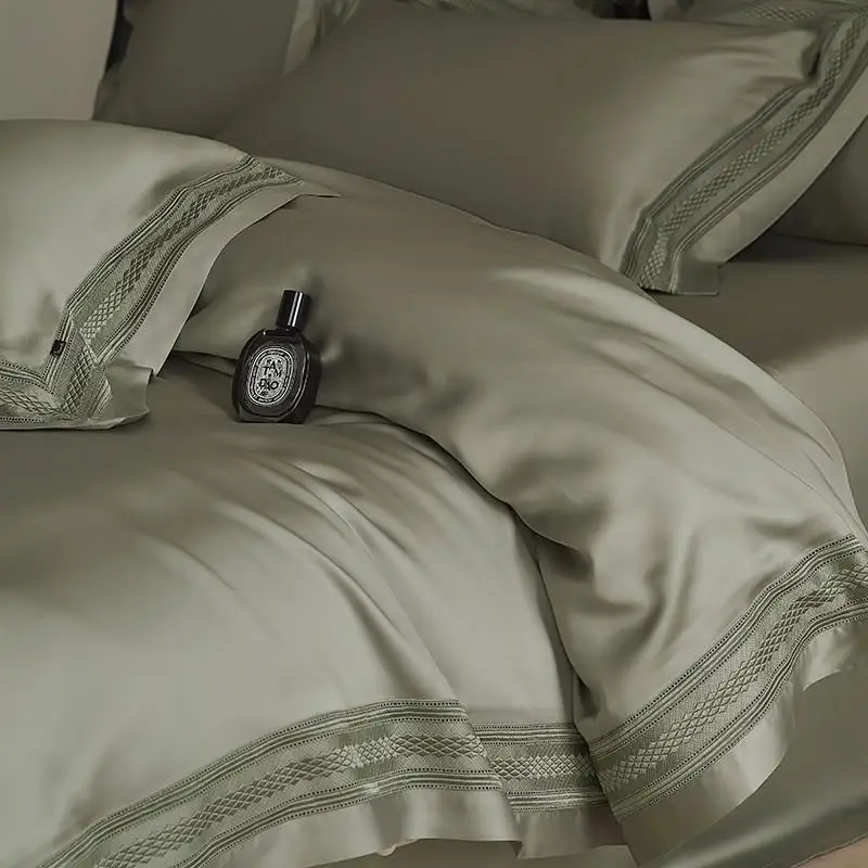 Premium Matcha Green/Dusty Pink Chic Hollow out Duvet Cover Eucalyptus Lyocell Silky Soft Cooling Bedding Bed Sheet Pillowcases