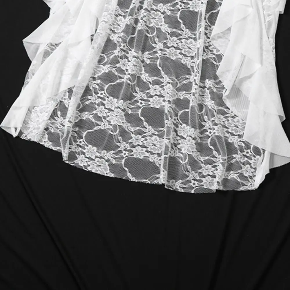 오프숄더 레이스 꽃 장식 태슬 캐미솔 러플 엣지 투명 메쉬 리본 드레스 스윗 스파이시 걸 스타일 민소매 탑 여성용