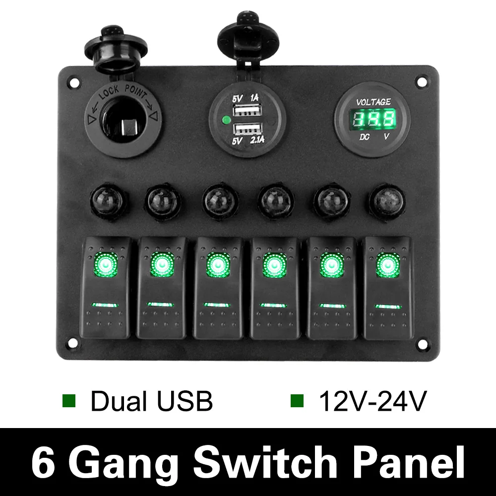 6 Gang Rocker Switch Panel Digital Voltmeter Car Marine Boat Circuit LED Breaker Aluminum Panel DC 12V/24V Dual USB Ports