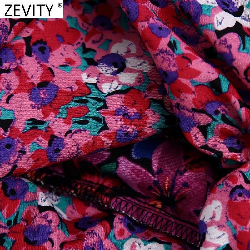 Zevity Women Vintage Cross V Neck Patchwork Floral Print Slim Short Blouses Lady Chic Long Sleeve Retro Shirt Blusas Tops LS9739