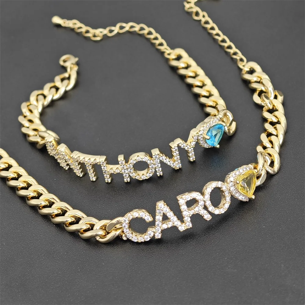 DOREMI 5mm Cuban Chain Bracelet Custom Name Bracelet 12 Birthstone Heart Stone Personalized Letter Name Bracelet