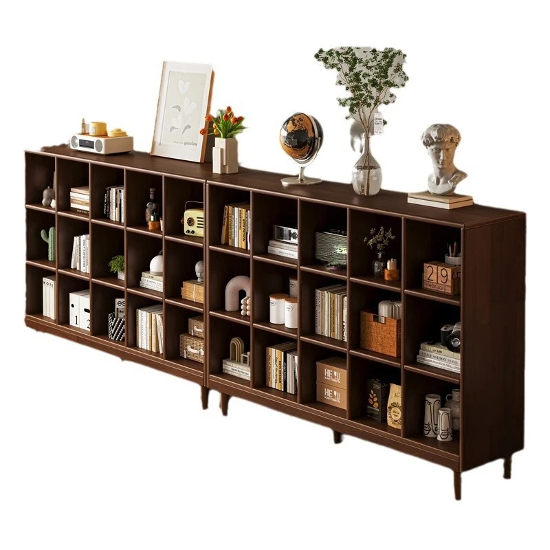 Wall shelf Walnut solid wood lattice bookcase Floor-to-ceiling storage cabinet