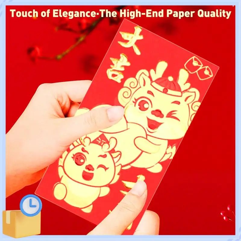 Populaire 36 stuks Chinese rode enveloppen 2024 Nieuwjaar, 6 ontwerpen, Chinese enveloppen voor geld 2024 Dragon Lunar New Year, 6.5X3.5Inch D