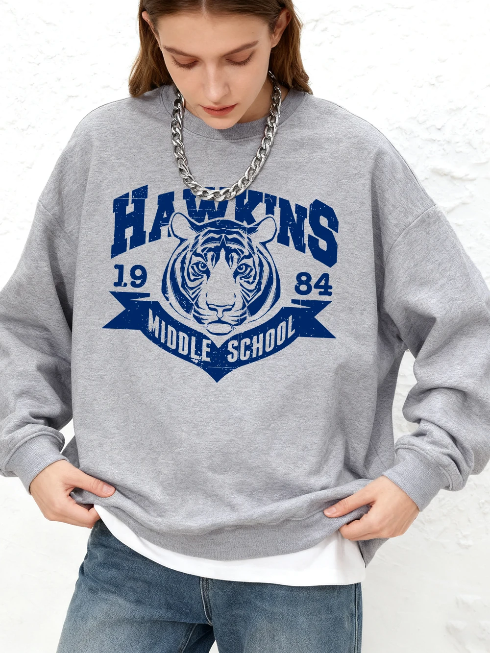 Hawkins Middle School 1984-Druck-Sweatshirt für Damen, Winter-Kapuzenpullover mit Rundhalsausschnitt, lockerer Jogger-Pullover, lässige Fleece-warme Kleidung