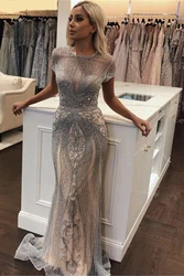 Mermaid Beaded Evening Dresses Luxury Dubai Long Sexy Illusion O Neck Saudi Arabia Formal Party Prom Gowns Vestido De Fiesta