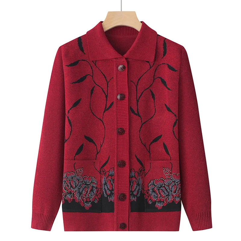 Vintage Middle Aged Mother Sweater Grandma Cardigan Autumn Winter Knitting Long Sleeve Coat Lapel Printed Knitwears Jacket Women