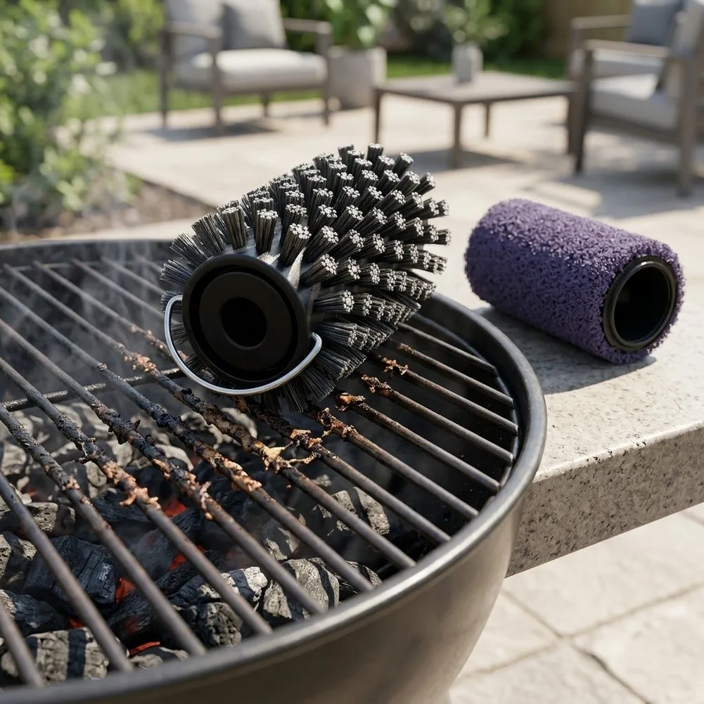 2pc Electric Grill Brush Replacement Heads For Safe Cleaning,Stainless Steel Roller & Scouring Pad For Porcelain Cast Iron Grate