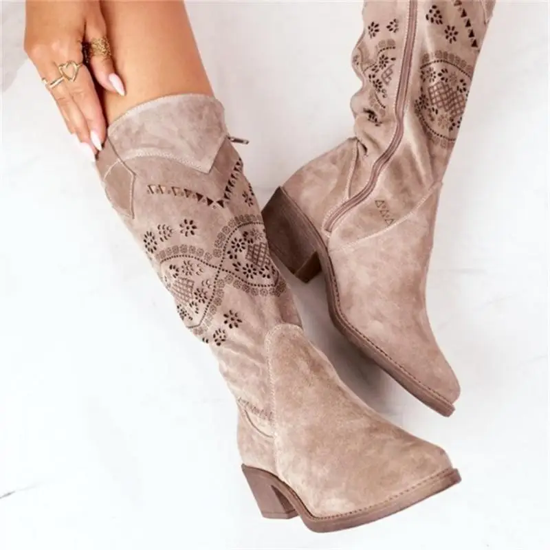 2022 Suede Women Boots Vintage Flower Hollow Zipper Female Shoes Low Heel Pointed Toe Lady Mid-Calf Booties Autumn Winter Botas