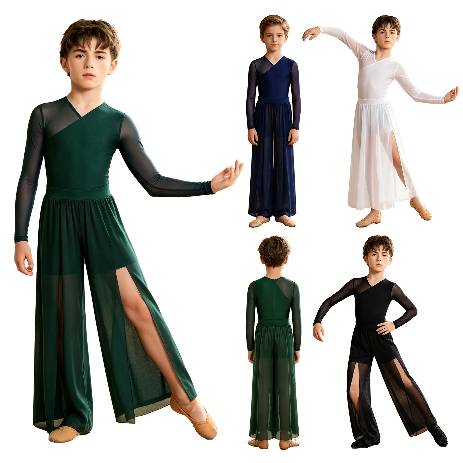 

Boys Lyrical Dance Costume Long Sleeve V Neck Back Invisible Zipper Split Mesh Pants Performance Competition Stage Dancewear