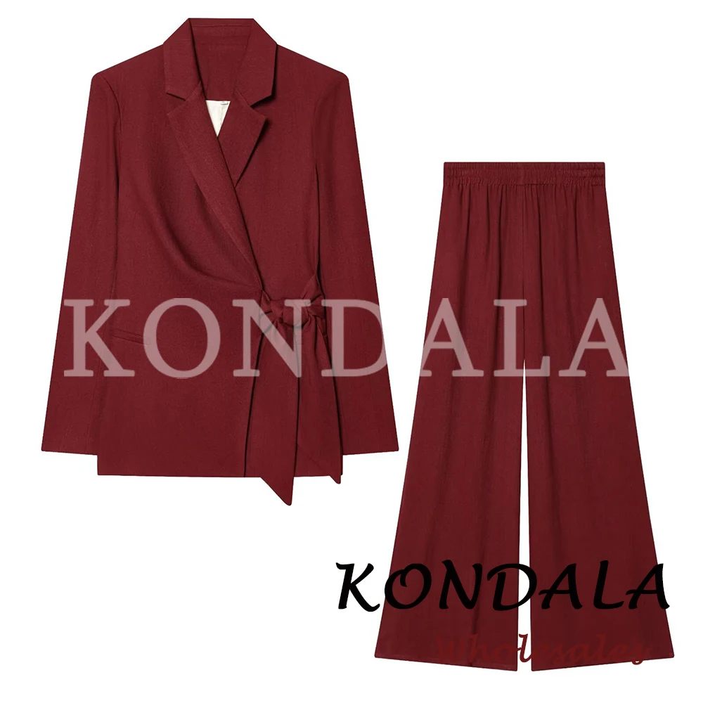

KONDALA Шикарный весенний винно-красный офисный костюм для женщин: прямой блейзер на шнуровке + брюки с эластичным поясом, модный повседневный женский костюм 2026