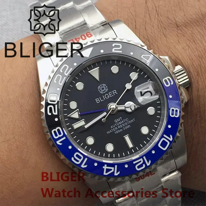 

BLIGER 40mm NH34A(GMT) DG3804(GMTt) Automatic Men Watch Steel Strap Black Blue Insert Sapphire Glass Luminous 10ATM Waterproof