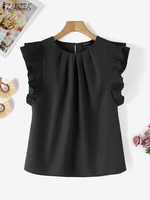 ZANZEA 2025 Summer Sweety Women Tanks Tops Korean Pleated Cap Sleeve Tank Blouse Elegant White O-neck Camis Vintage Holiday Vest