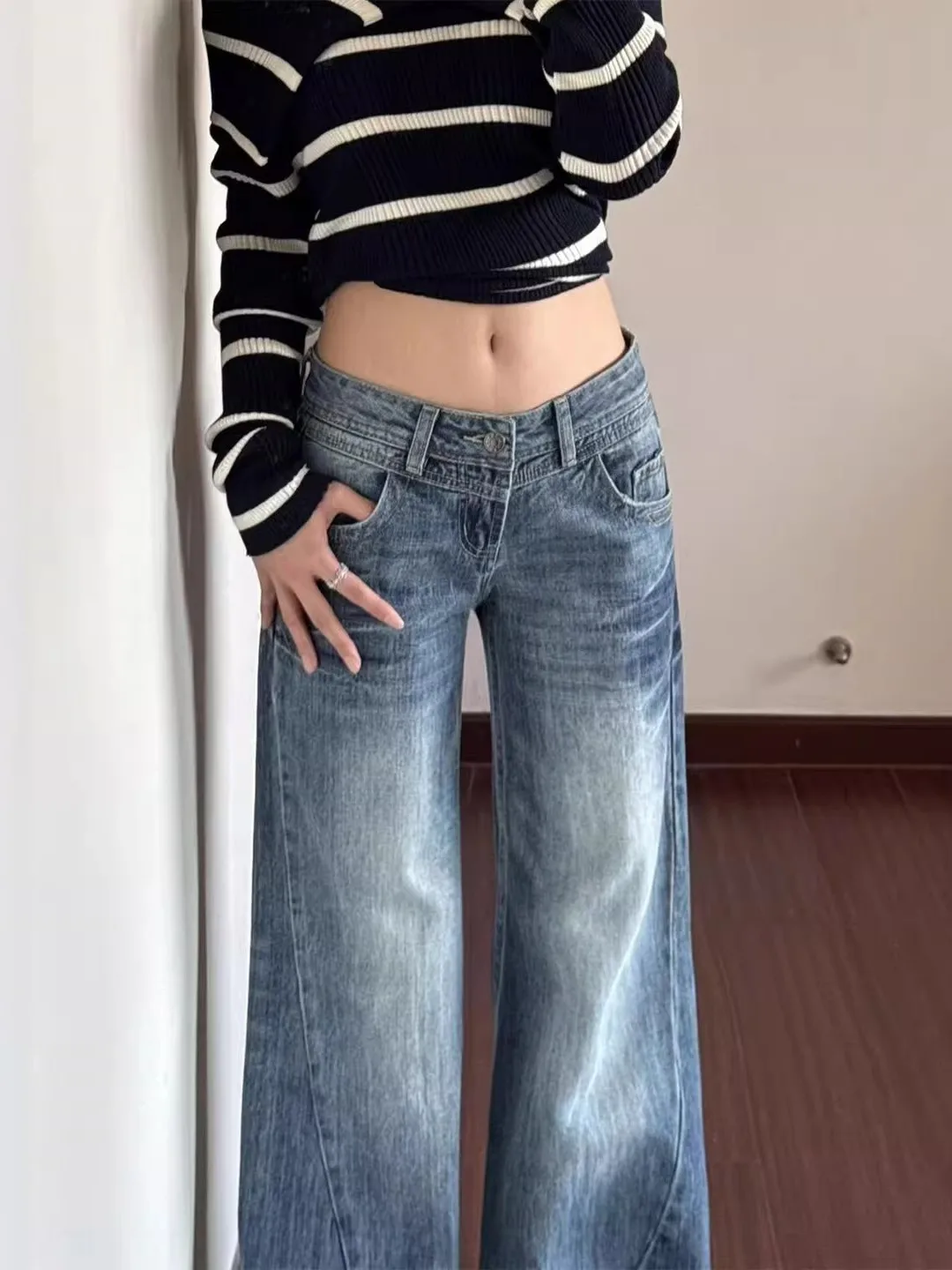 

American Style Loose Fit Blue Wide Leg Denim Jeans Women's Spring New Low Waist Sexy Loose Slimming Micro Flared Pants