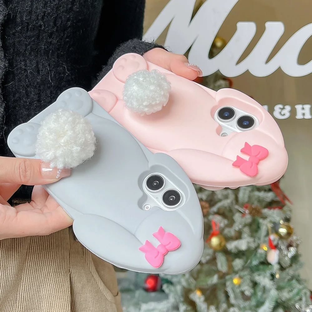 Kawaii 3D Cartoon Benny Rabbit Hülle für iPhone 16 15 14 13 12 Pro Max Weiche Silikonhülle mit Haarballenschwanzhalter – Detail 10