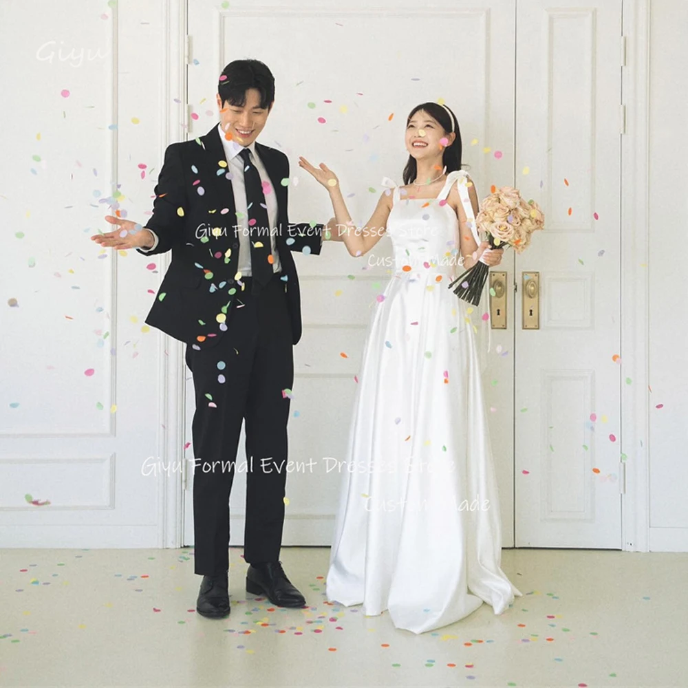 Giyu Simple A Line Satin Wedding Dresses Korea Photoshoot Straps Floor Length Corset Back Bridal Gowns Plus Size Custom Made