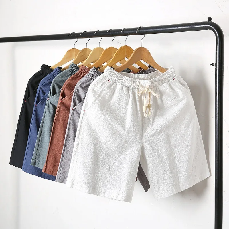 Summer New Casual Cotton Beach Korean Version Solid Color Linen Pants Slim Fit Trendy Shorts Men's