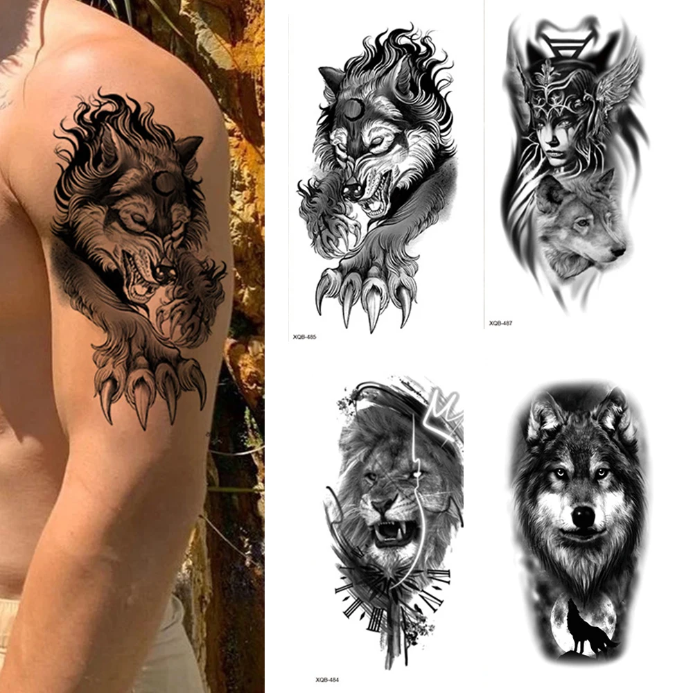 Waterproof Temporary Tattoo Sticker Forest Lion Tiger Bear Flash Men Wolf Crown Flower Body Art Arm Fake Women Tatoo