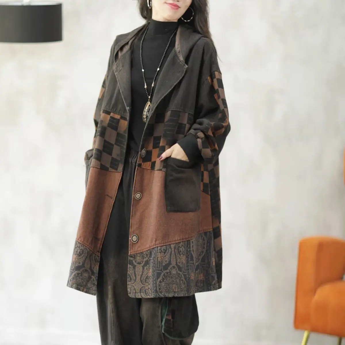 

110Kg large size denim trench coat women's 2025 autumn hooded retro print splicing ethnic style coat