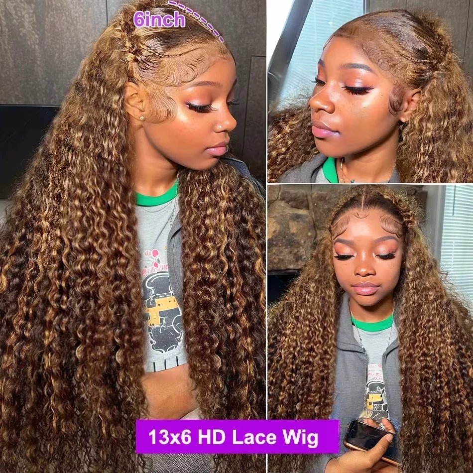 4/27 Highlight 100% Human Hair Curly 28 Inches 200 Density 4x4 13x6 HD Lace Front Wig Pre Plucked Hairline Wig For Black Ladies