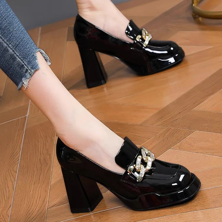 Autumn 2023 New Pumps Shoes Women\'s Fashion Retro Metal Buckle Single Shoes Women\'s Casual Small Leather Shoes Chunky Heel