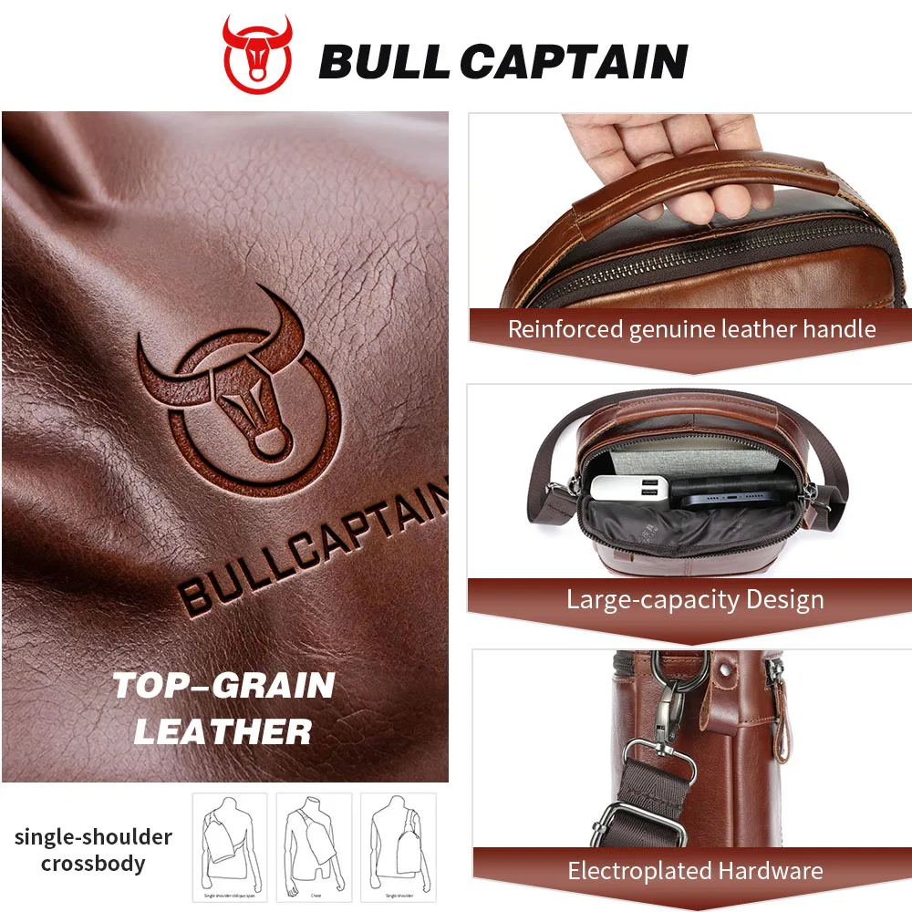 BULLCAPTAIN Men's crossbody bag, fashionable genuine leather bag, trendy retro men's top layer cowhide shoulder bag view 3