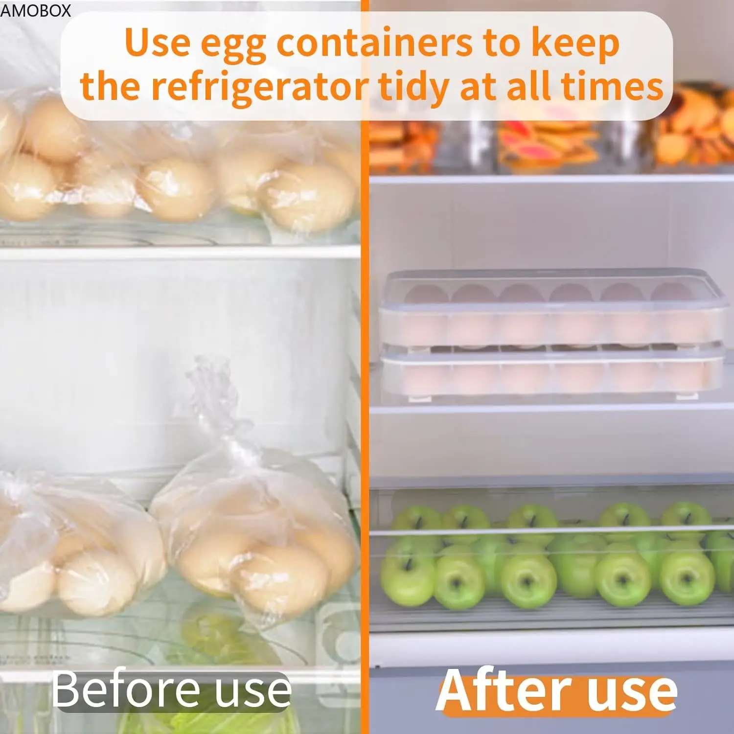 AMOBOX-Egg Container with Lid,Plastic Holder for Refrigerator, Clear Storage,Fridge Stackable Countertop, Portable, 24 Eggs