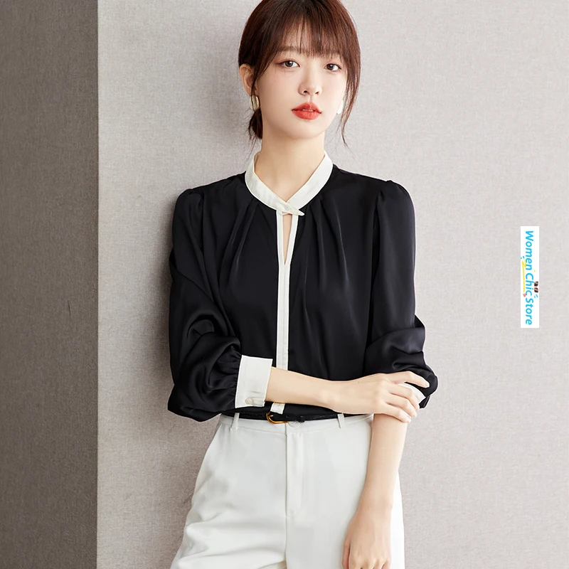 

Retro Stand Collar Color Blocking Long Sleeved Black Shirt Women Blouse 2024 Spring Autumn Elegant Chic Slim Tops Camisas B2876