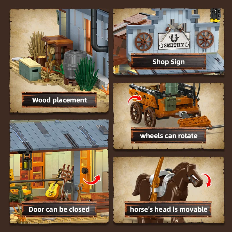 Kit de blocs de construction de magasin de forgeron occidental MOC, scène de rue médiévale, épicerie avec modèle de chariot, briques, jouet de bricolage, cadeau pour enfants