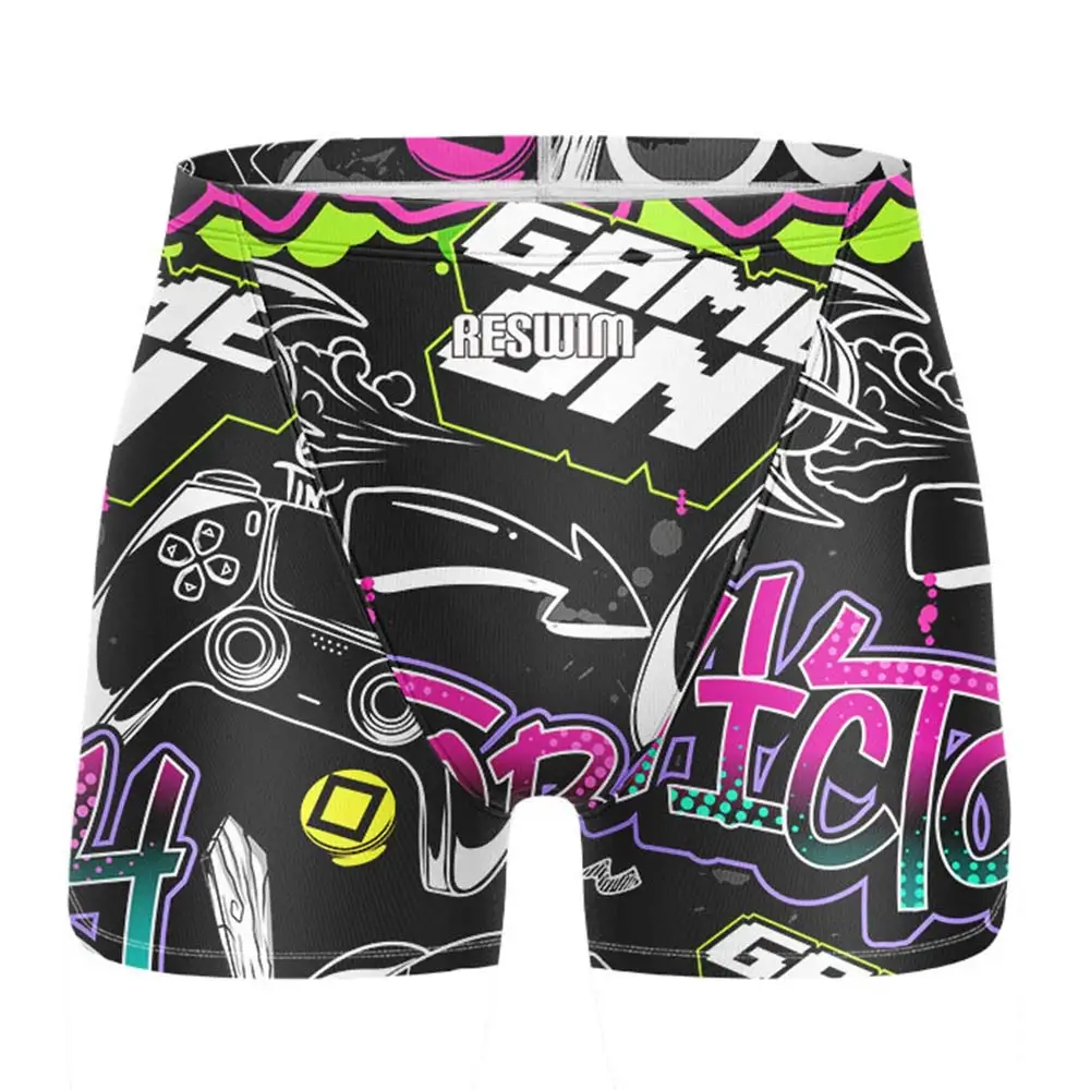 New Men's Abstract Swim Shorts Jammers Swimsuit Swimming Trunks Athletic Training Swimwear Quick Dry GYM Beach Surf Tights Short