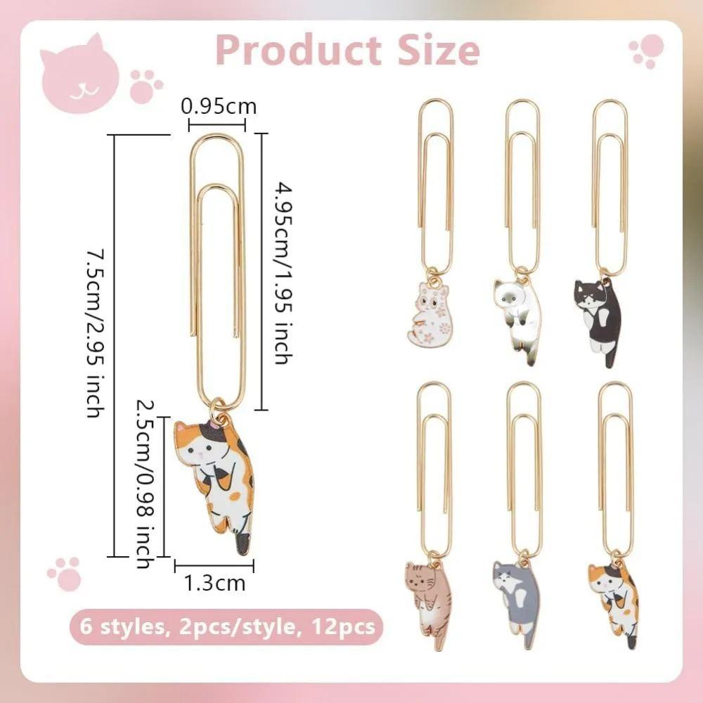 12Pcs Cat Paperclips 3 Inch Alloy Pendant Paper Clip with Cat Charms Metal Paper Clips for Paper Document Note Sorting