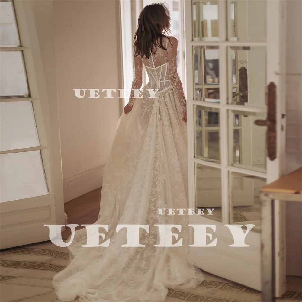 UETEEY Customized Elegant Lace High Neck A Line Wedding Dress Illusion Zipper Back Floor Length Court Train Bridal Gown