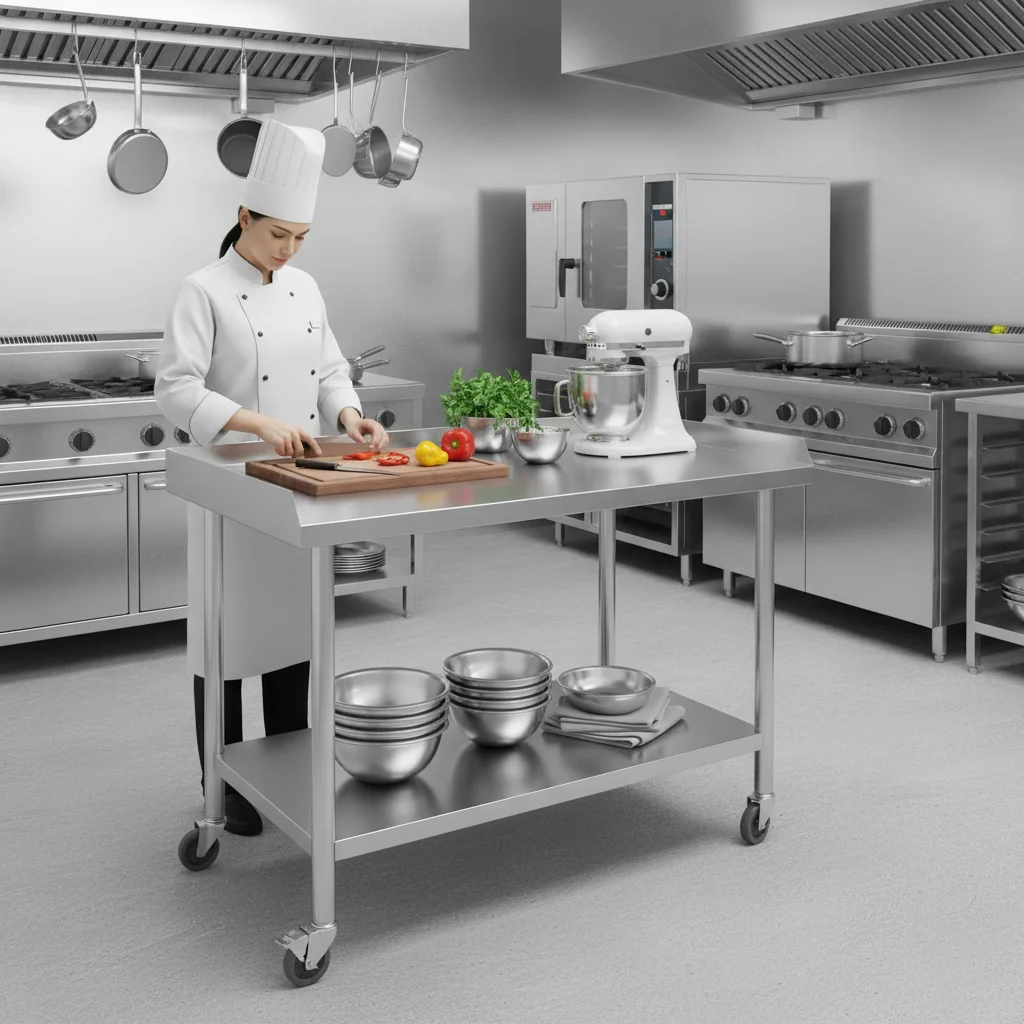 2-Tier Stainless Steel Commercial Work Table with Lockable Wheels, 60×70×76CM Heavy Duty Kitchen Prep Table for Kitchen Garage Laundry Storage view 2