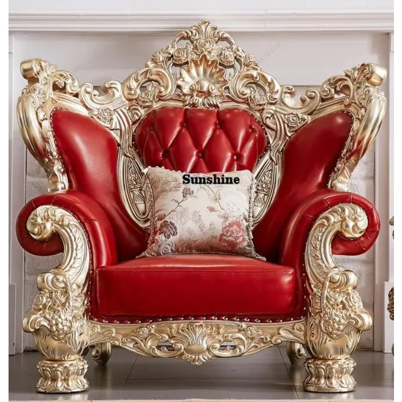 

European Living Room Sofa Furniture Set Classic Royal Carved Solid Wood Frame Leather 1 2 3 Seater Sectional Wedding SofaY