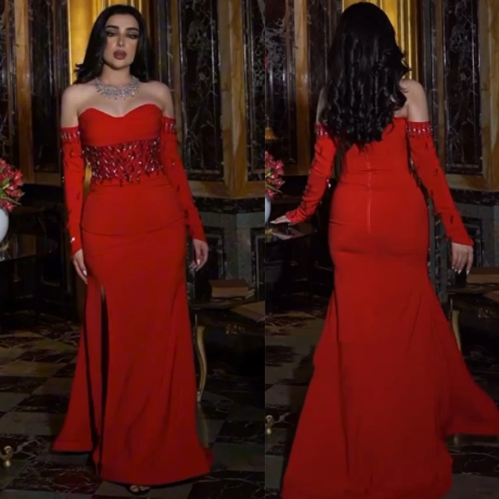 Robe de Soirée Trapèze Sans Bretelles, Tenue de Haute Qualité, en Jersey, avec Perles, pour Occasions Formelles, sur Mesure