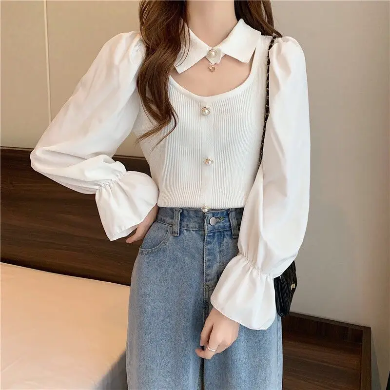 Sweet Korean Patchwork Slim Shirt Tops Spring Autumn Long Sleeve Hollow Out Solid Trend T Shirts Fashion Elegant Women Cloth