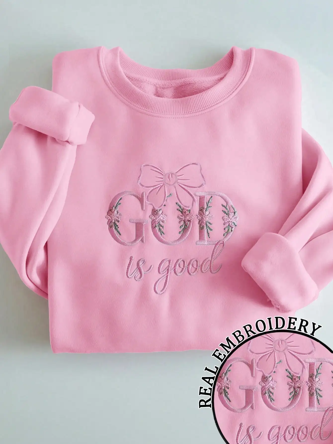 

Розовая толстовка с вышивкой «Бог хорош», круглым вырезом и цветочным бантом