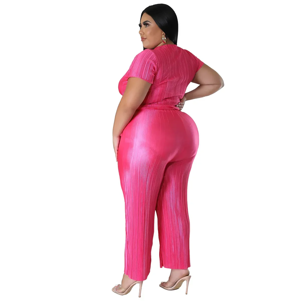 L-4XL 2024 Summer African Fashion Pleated Bandage Short Sleeve Top and Pant Suits Sexy Plus Size Two Piece Sets Women Clothing