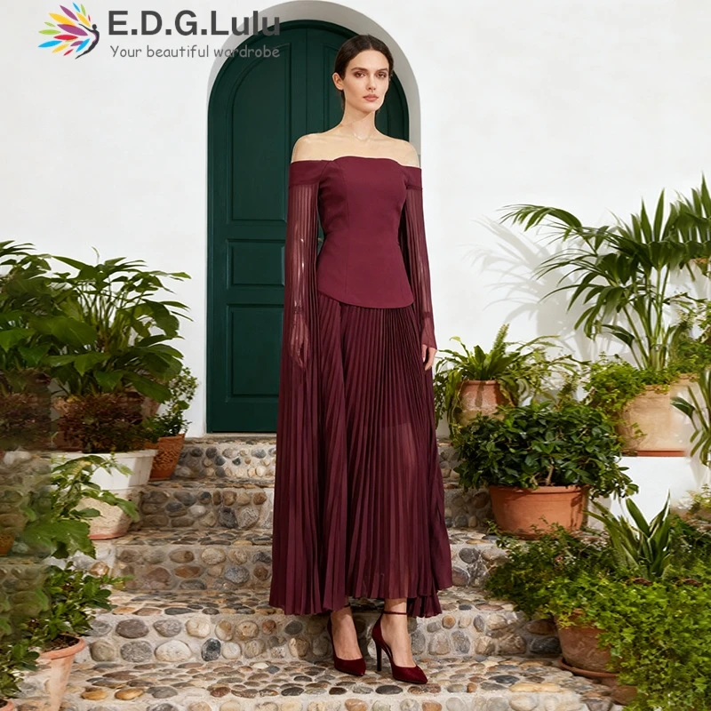 

EDGLuLu 2025 летний новый топ с открытыми плечами и лентой с длинными рукавами + плиссированная длинная юбка с высокой талией, красный комплект из двух предметов 1013