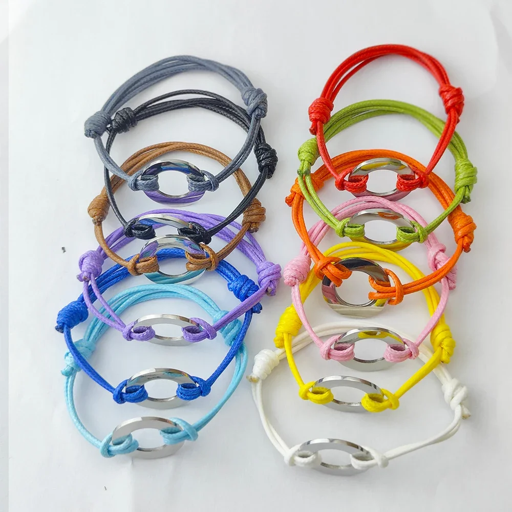 Custom Name Bracelet Unisex Stainless Steel Disc Engraved Name Hollow Center Braided Rope Wrist Bracelet