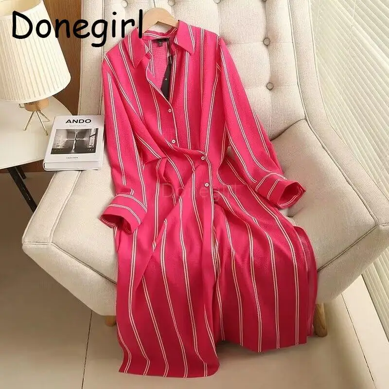 

Donegirl 2023New Fashion Women Spring Long Sleeve Vertical Stripe Printed Shirt Dresses Loose Simple Casual Slit Long Dress Chic