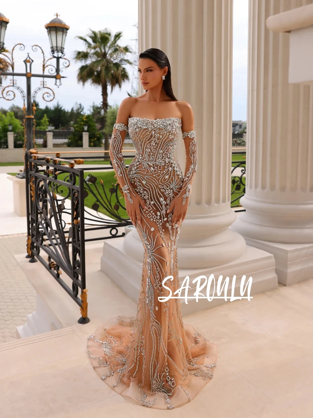 

Crystals Stunning Mermaid Nude Sheer Evening Dress Off-the-shoulder Sexy Dainty Customized Prom Gown Celebrity Banquet Wear