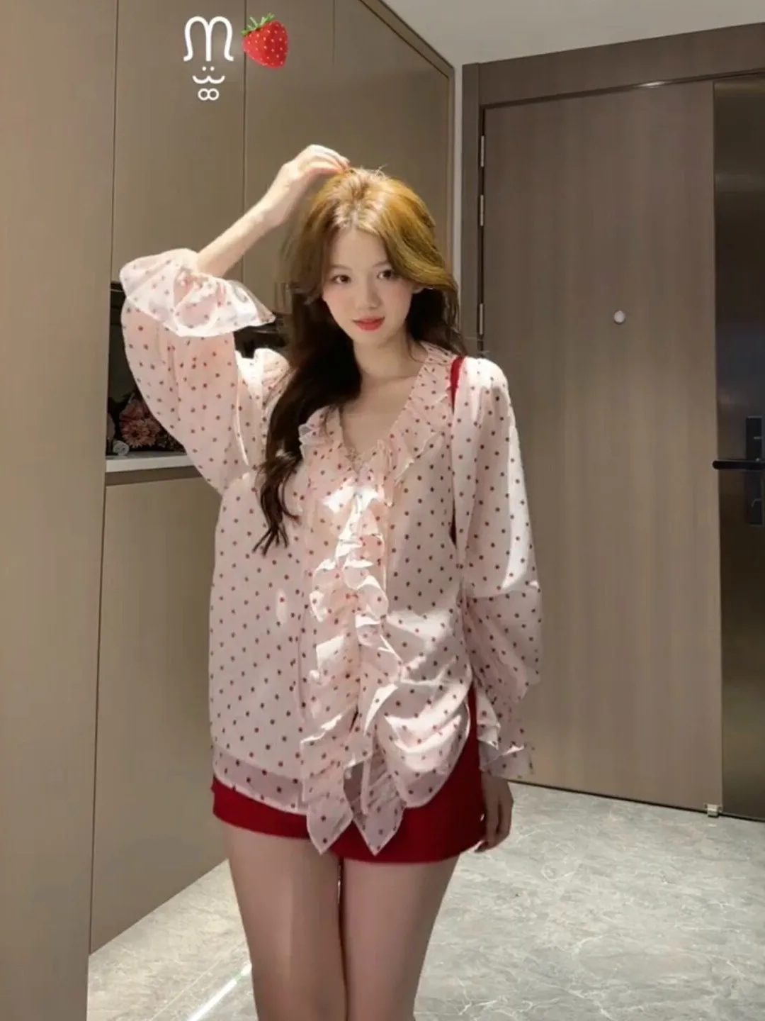 

French Sle Long Sve V-Ne Polka Dot irt Women's Spring Sweet Youthful Loose Slimming Chic Top with Lace Hem