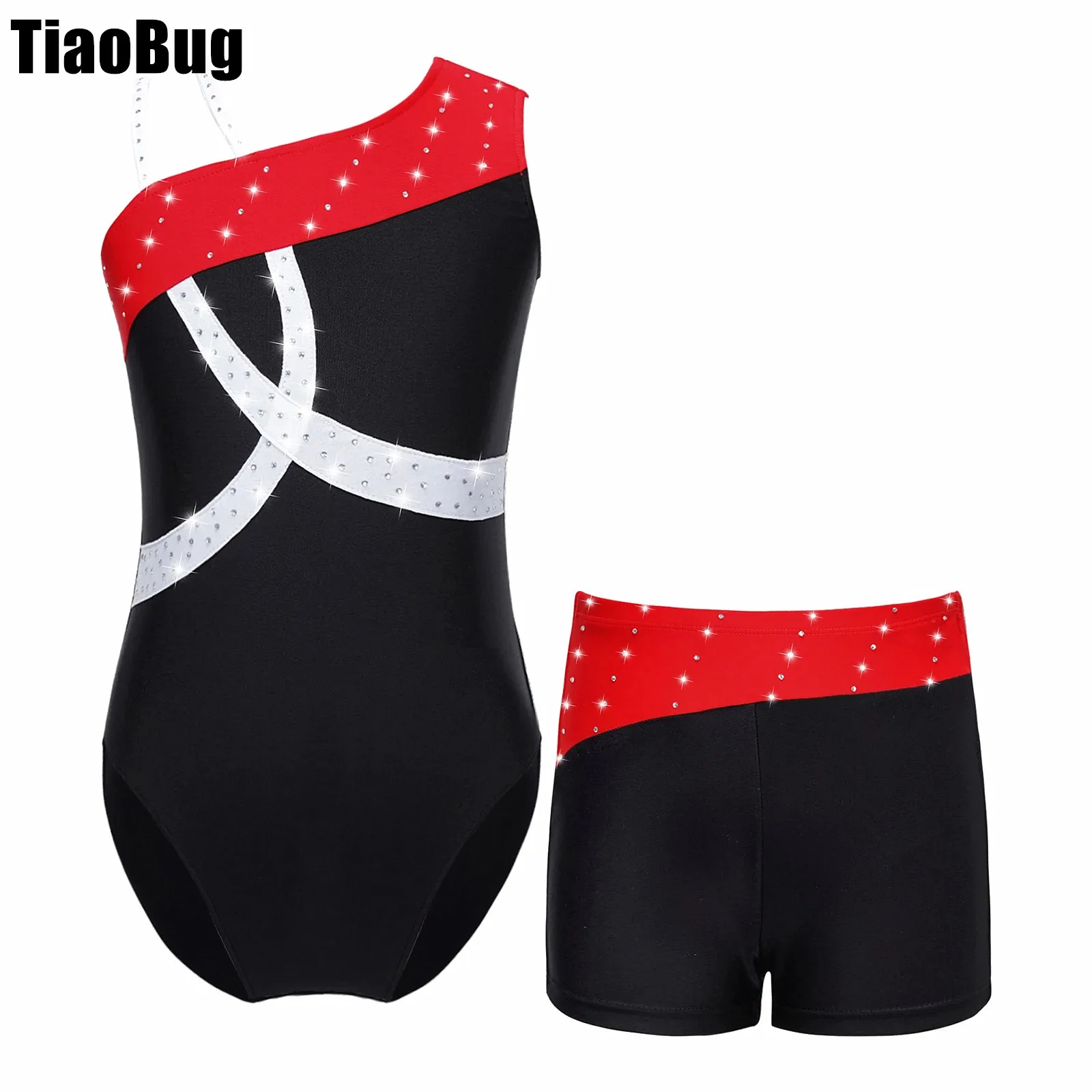 

Kids Girls Dance Outfit Rhinestone Decorated Sleeveless Shoulder Contrast Color Jumpsuit with Elastic Waistband Boxer Bottom