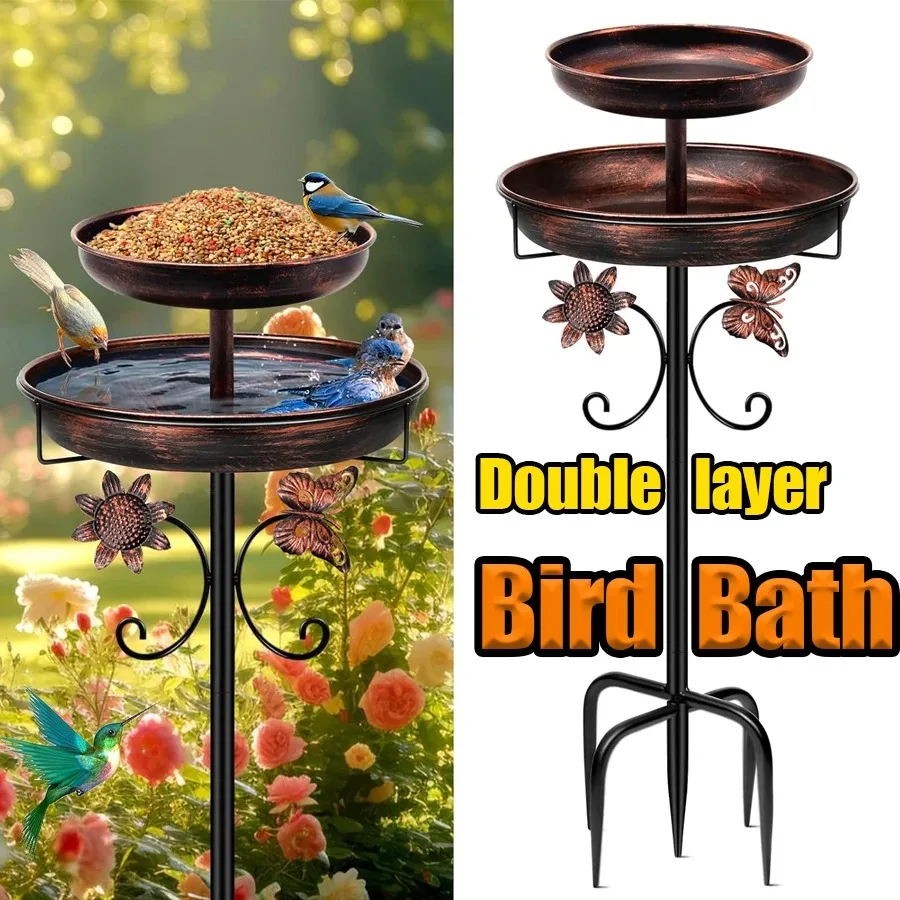 【New style】1pc 42-Inch Weather-Resistant Metal Double-Layer Bird Bath Feeder, Vintage Antique Bronze Freestanding Birdbath With